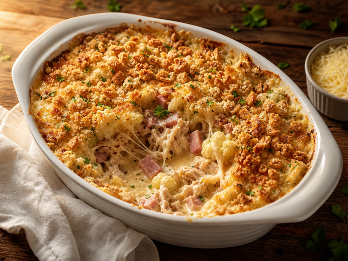 Casserole de poulet, jambon et chou-fleur rôti avec fromage suisse fondu et copeaux de porc croustillants, dans un plat à