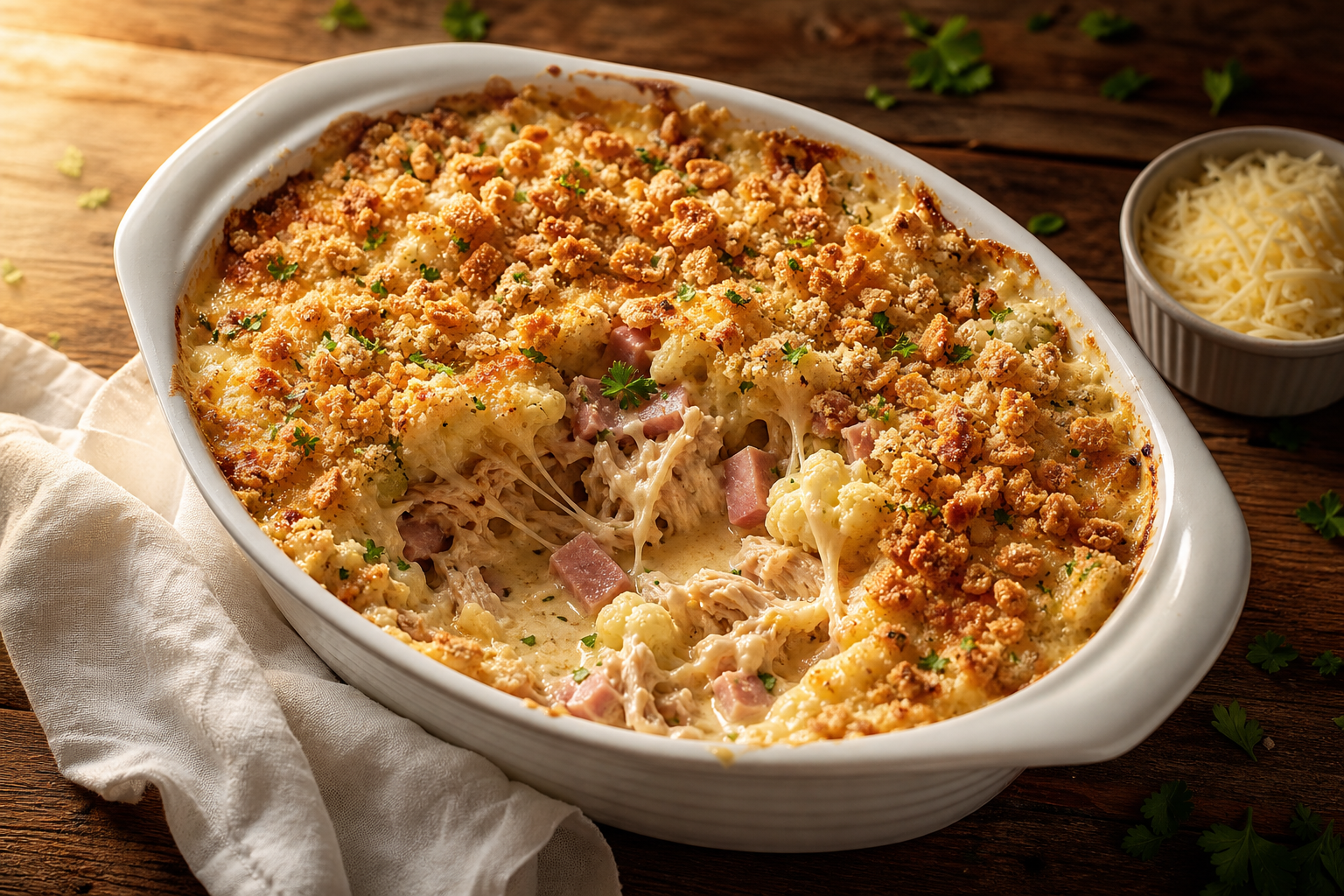 Casserole de poulet, jambon et chou-fleur rôti avec fromage suisse fondu et copeaux de porc croustillants, dans un plat à