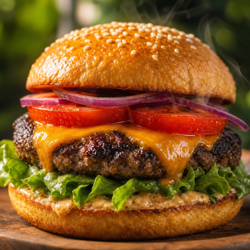 Cheeseburger keto avec cheddar fondant, steak grillé, laitue, tomate et oignons, sur assiette en bois