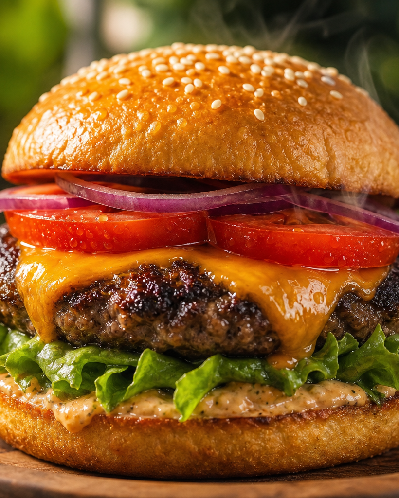 Cheeseburger keto avec cheddar fondant, steak grillé, laitue, tomate et oignons, sur assiette en bois
