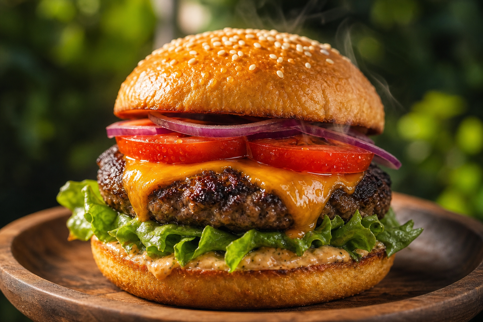 Cheeseburger keto avec cheddar fondant, steak grillé, laitue, tomate et oignons, sur assiette en bois