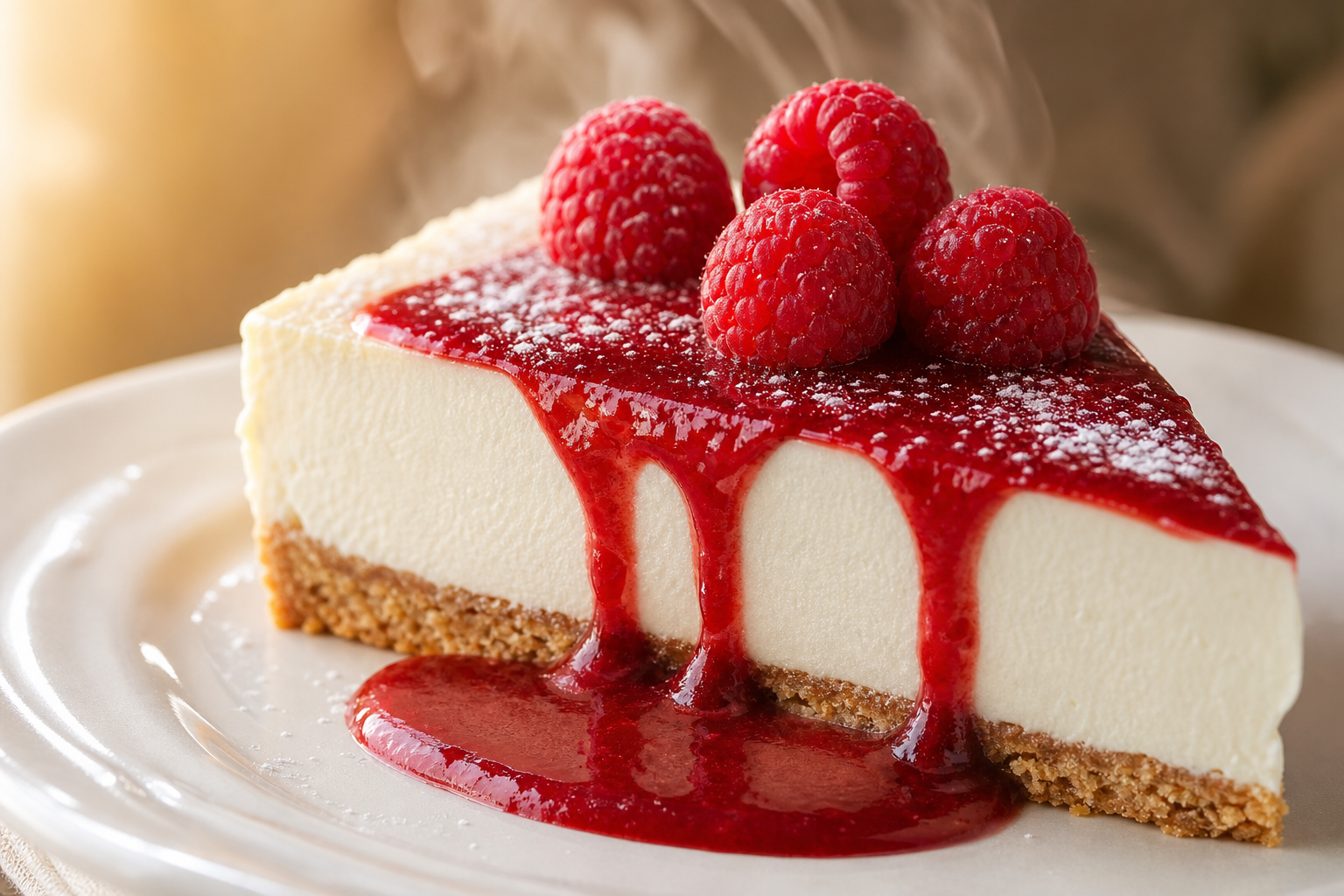 Tranche de cheesecake cétogène sur assiette blanche, avec coulis de framboise et fruits frais, faible en glucides