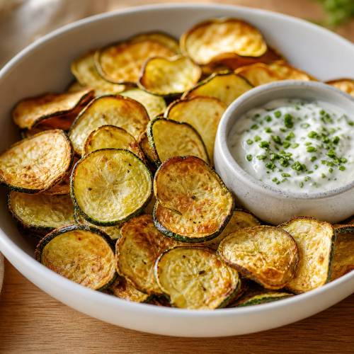 Bol de chips de courgettes dorées et croustillantes cuites au Air Fryer, avec une sauce dip crémeuse à côté.