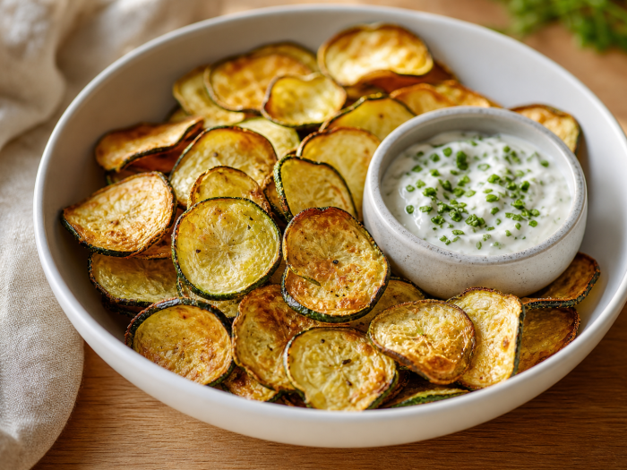 Bol de chips de courgettes dorées et croustillantes cuites au Air Fryer, avec une sauce dip crémeuse à côté.