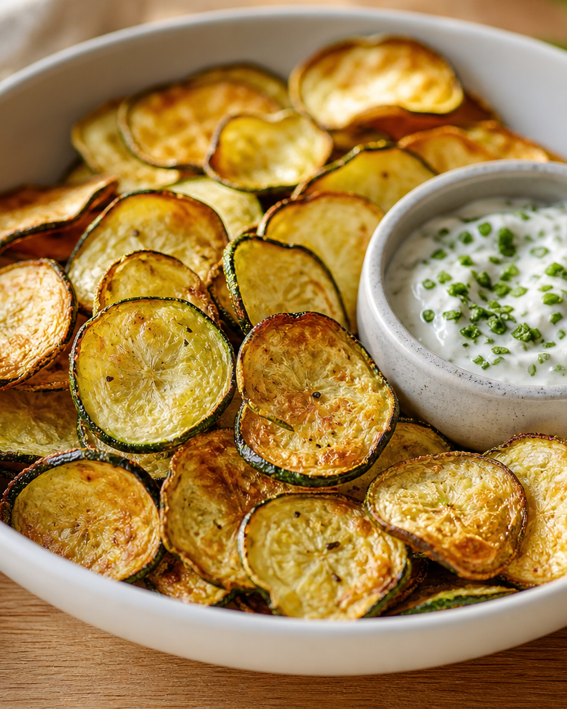 Bol de chips de courgettes dorées et croustillantes cuites au Air Fryer, avec une sauce dip crémeuse à côté.
