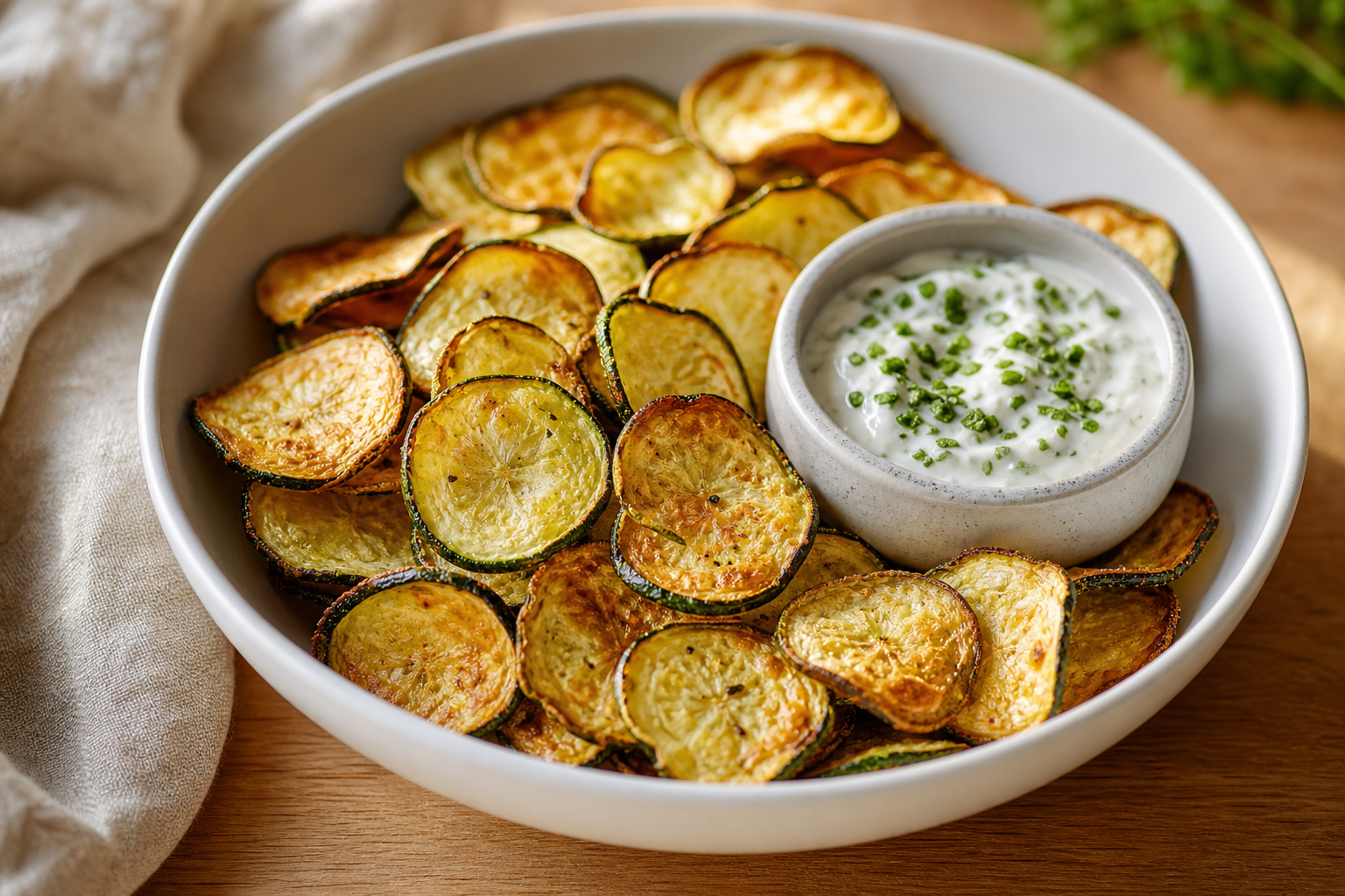Bol de chips de courgettes dorées et croustillantes cuites au Air Fryer, avec une sauce dip crémeuse à côté.