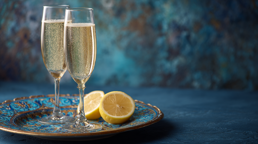 Coupes de champagne avec deux demi citron, sur une assiette décorée