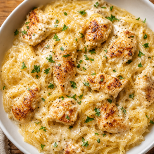 Bol de courge spaghetti sauce Alfredo avec poulet, garni de persil, sur une table en bois.