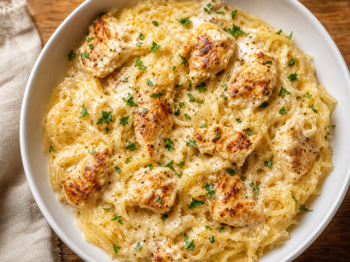 Bol de courge spaghetti sauce Alfredo avec poulet, garni de persil, sur une table en bois.