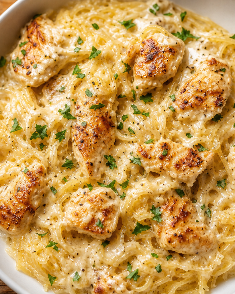 Bol de courge spaghetti sauce Alfredo avec poulet, garni de persil, sur une table en bois.