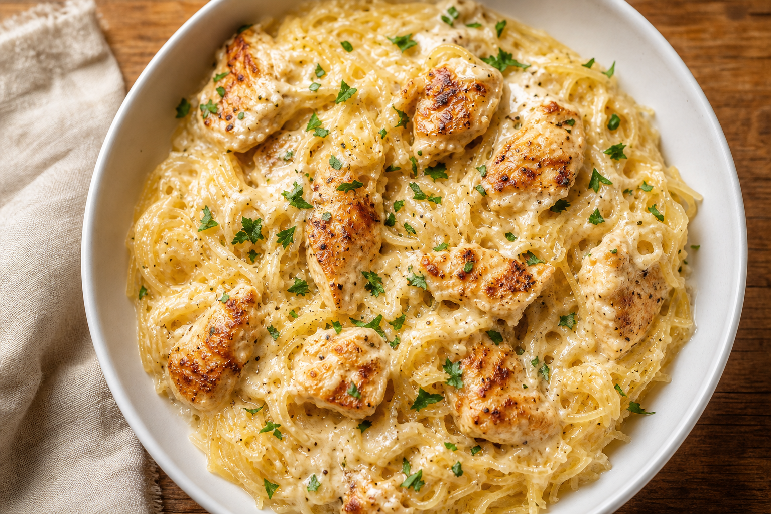 Bol de courge spaghetti sauce Alfredo avec poulet, garni de persil, sur une table en bois.