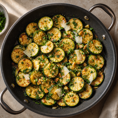 Courgettes sautées à la poêle, dorées et parsemées de parmesan, dans une poêle antiadhésive avec de l'ail.