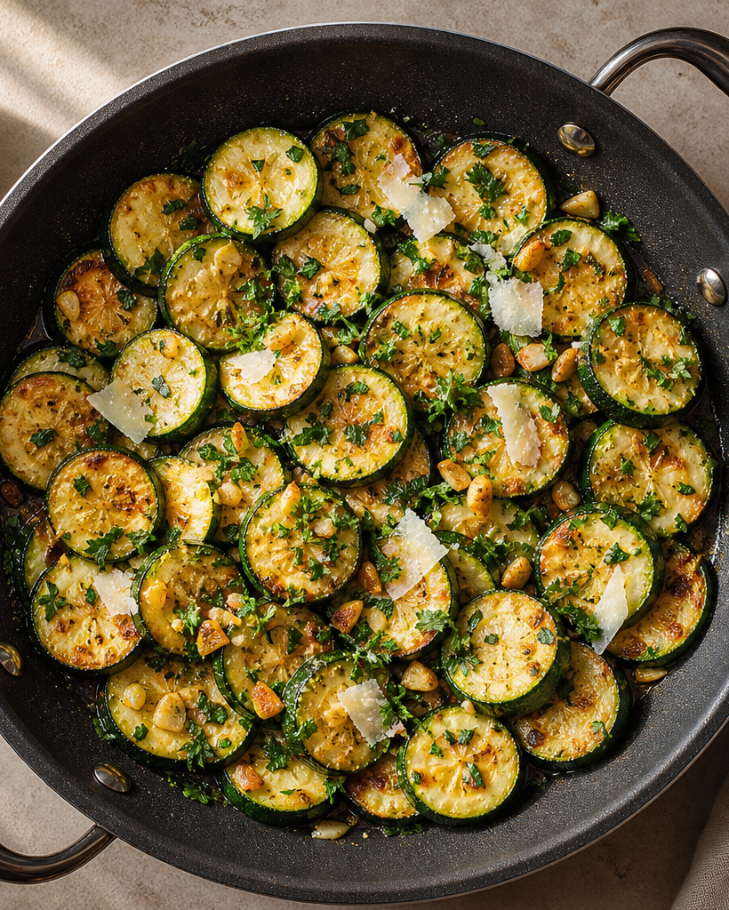 Courgettes sautées à la poêle, dorées et parsemées de parmesan, dans une poêle antiadhésive avec de l'ail.