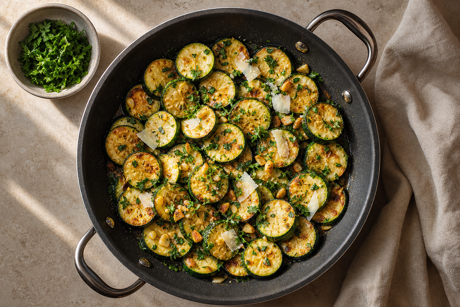 Courgettes sautées à la poêle, dorées et parsemées de parmesan, dans une poêle antiadhésive avec de l'ail.