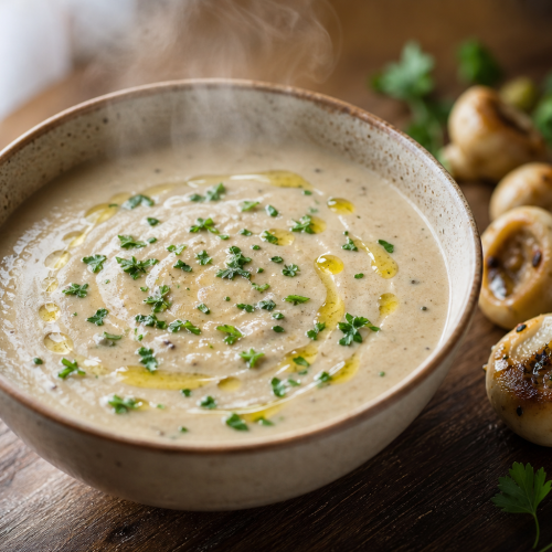 Bol de crème de champignons lisse et dorée, garnie de persil et d'huile d'olive, avec des champignons poêlés à côté.