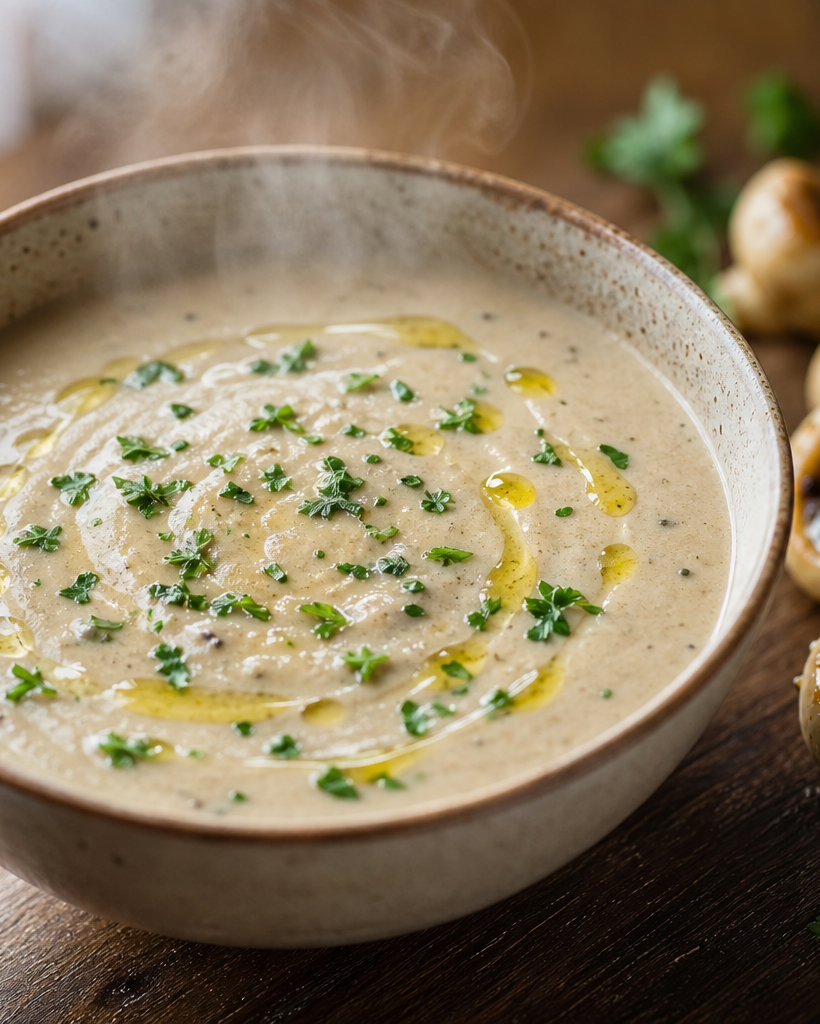 Bol de crème de champignons lisse et dorée, garnie de persil et d'huile d'olive, avec des champignons poêlés à côté.