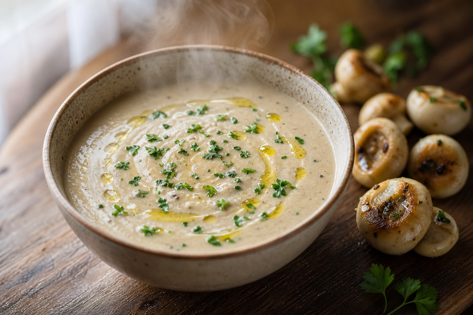 Bol de crème de champignons lisse et dorée, garnie de persil et d'huile d'olive, avec des champignons poêlés à côté.