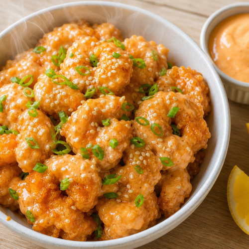 Bol de crevettes Bang Bang keto dorées et croustillantes, nappées d'une sauce crémeuse orange, garnies de sésame et