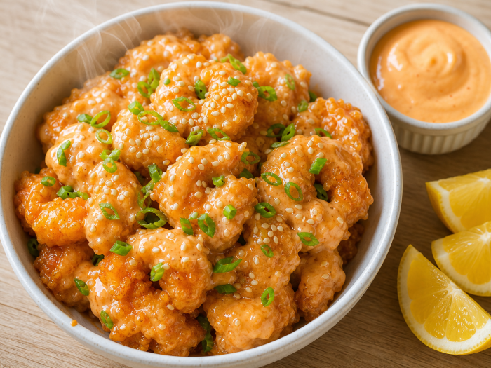 Bol de crevettes Bang Bang keto dorées et croustillantes, nappées d'une sauce crémeuse orange, garnies de sésame et