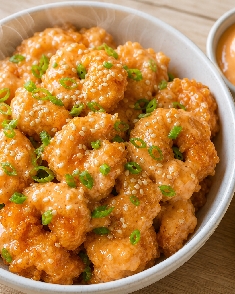 Bol de crevettes Bang Bang keto dorées et croustillantes, nappées d'une sauce crémeuse orange, garnies de sésame et