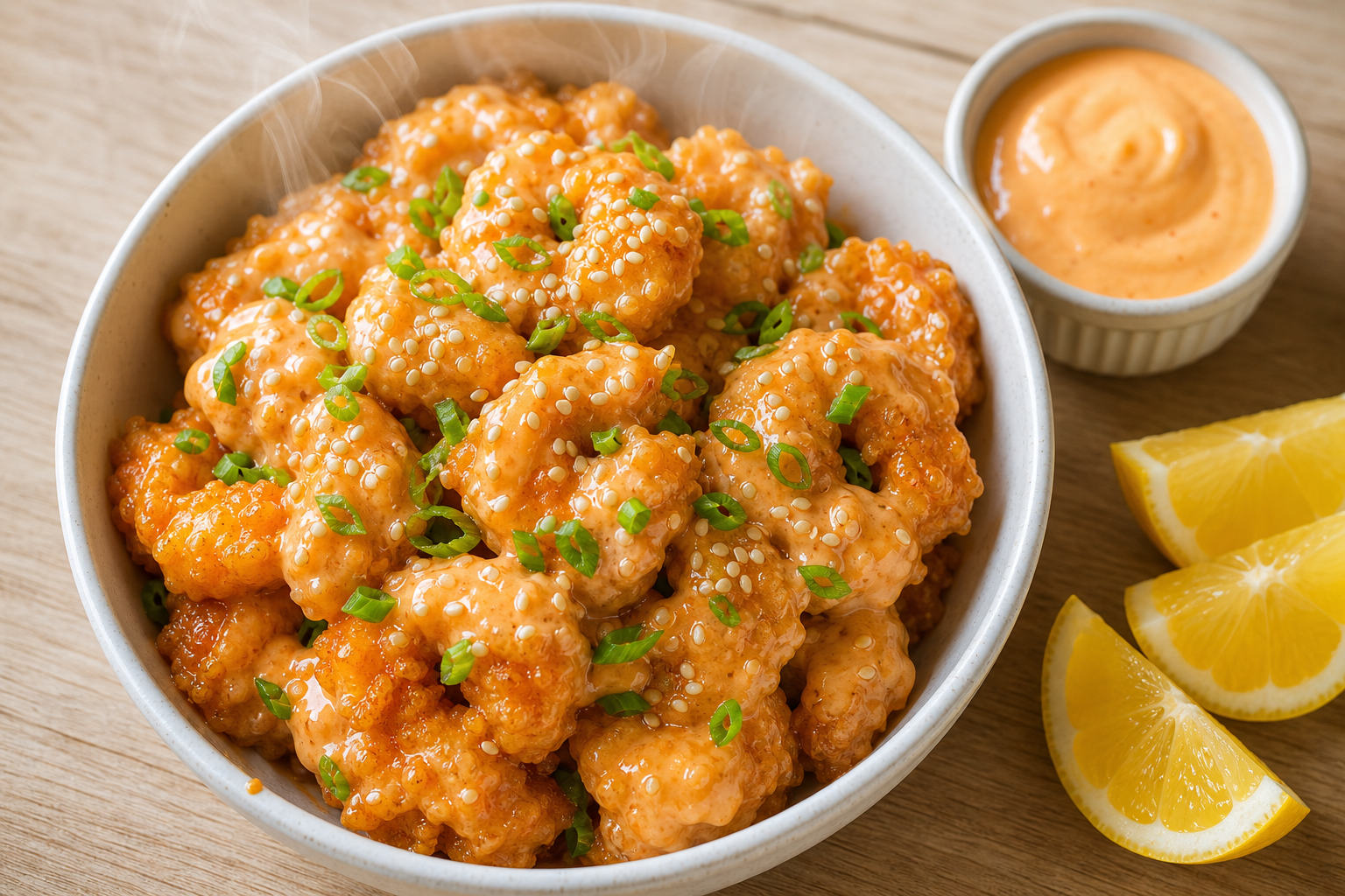 Bol de crevettes Bang Bang keto dorées et croustillantes, nappées d'une sauce crémeuse orange, garnies de sésame et