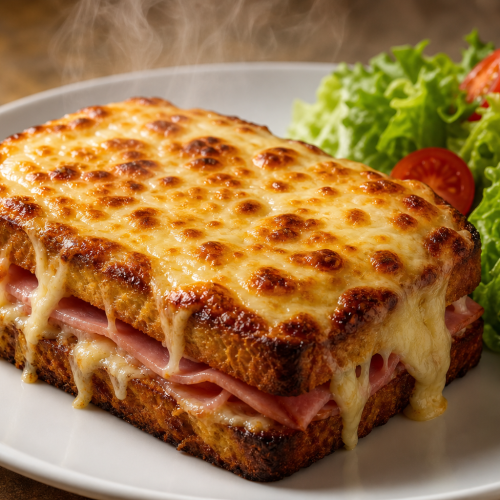 Un croque monsieur keto gratiné, avec une base d'œuf croustillante et du fromage fondu, servi sur une assiette blanche avec
