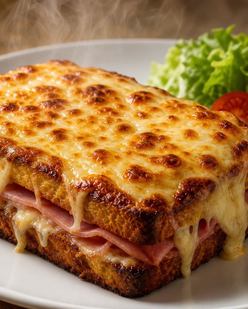 Un croque monsieur keto gratiné, avec une base d'œuf croustillante et du fromage fondu, servi sur une assiette blanche avec
