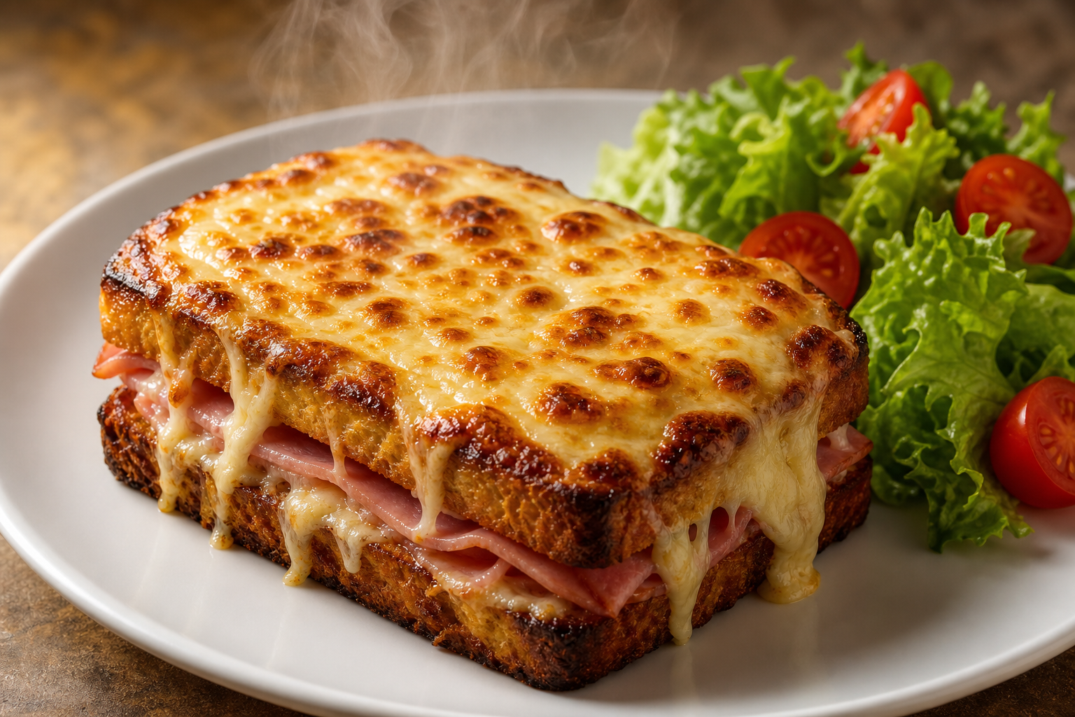 Un croque monsieur keto gratiné, avec une base d'œuf croustillante et du fromage fondu, servi sur une assiette blanche avec