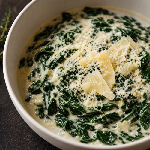 Épinards à la crème keto servis dans un bol en céramique blanche, avec une cuillère en bois et du parmesan râpé