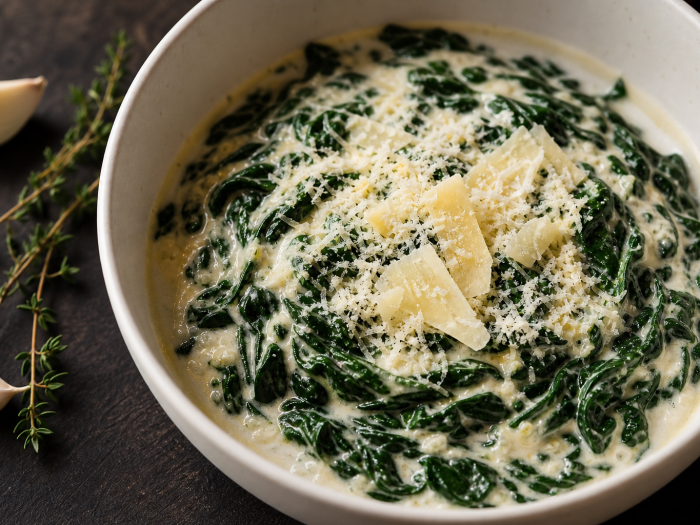 Épinards à la crème keto servis dans un bol en céramique blanche, avec une cuillère en bois et du parmesan râpé