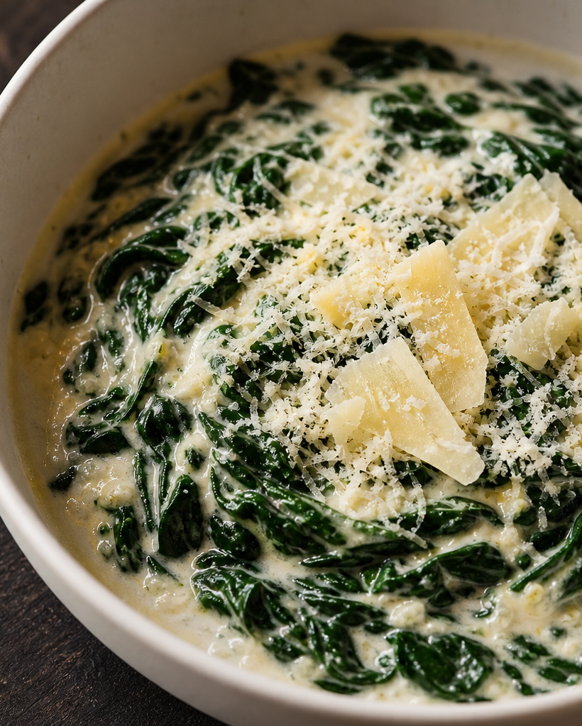 Épinards à la crème keto servis dans un bol en céramique blanche, avec une cuillère en bois et du parmesan râpé