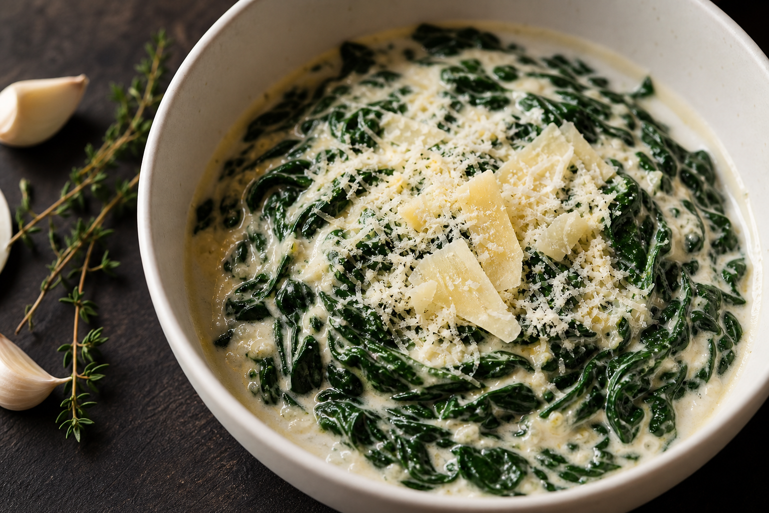 Épinards à la crème keto servis dans un bol en céramique blanche, avec une cuillère en bois et du parmesan râpé