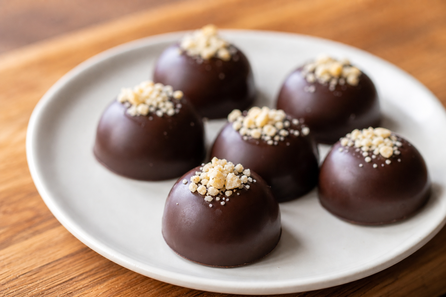Fat bombs au chocolat sur une assiette blanche, garnies de noix de macadamia, éclairage naturel doux