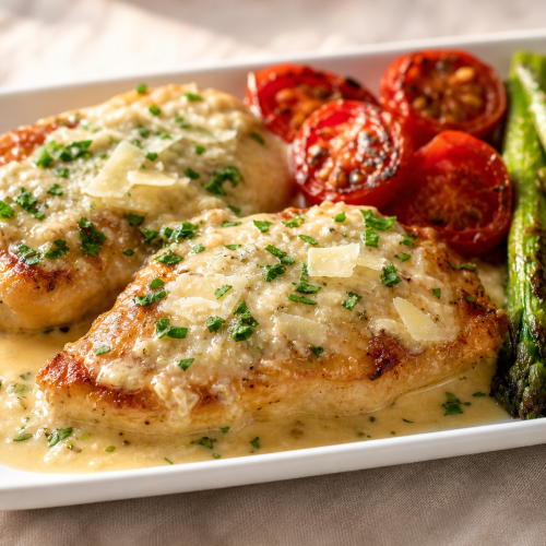 Filets de poulet dorés nappés d'une sauce crémeuse à l'ail et au parmesan, servis avec des asperges grillées.