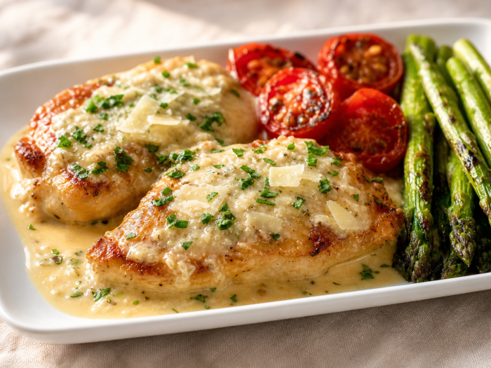 Filets de poulet dorés nappés d'une sauce crémeuse à l'ail et au parmesan, servis avec des asperges grillées.