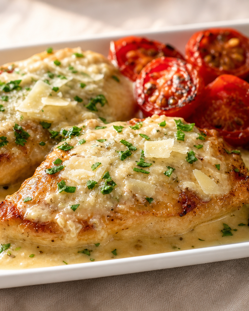 Filets de poulet dorés nappés d'une sauce crémeuse à l'ail et au parmesan, servis avec des asperges grillées.