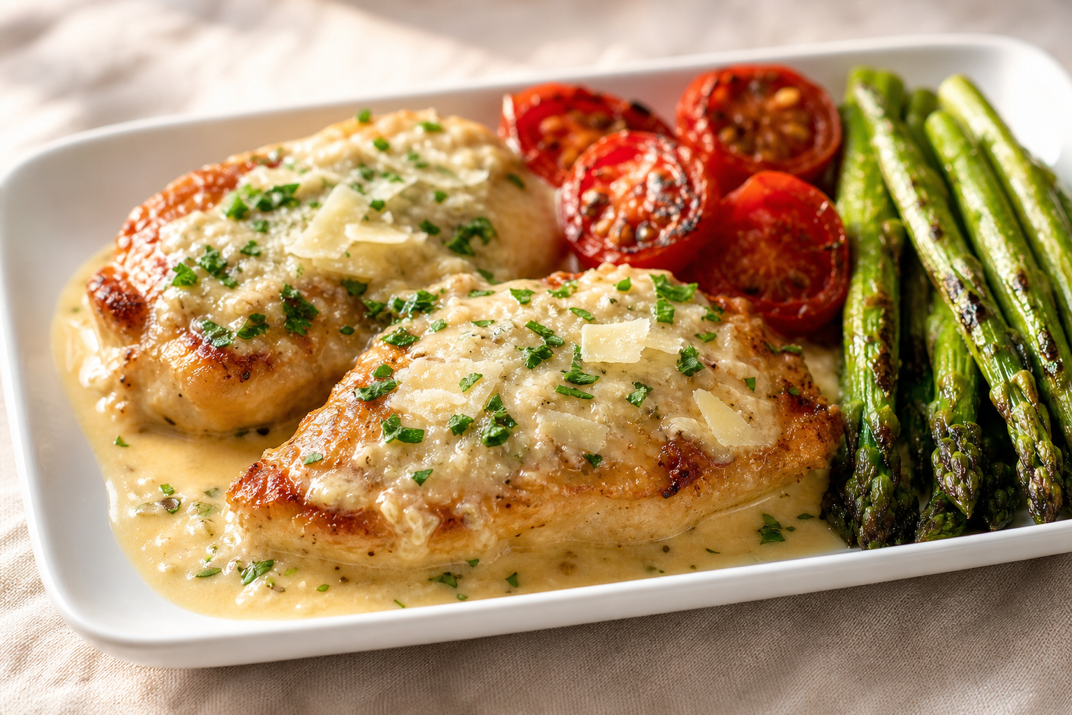 Filets de poulet dorés nappés d'une sauce crémeuse à l'ail et au parmesan, servis avec des asperges grillées.