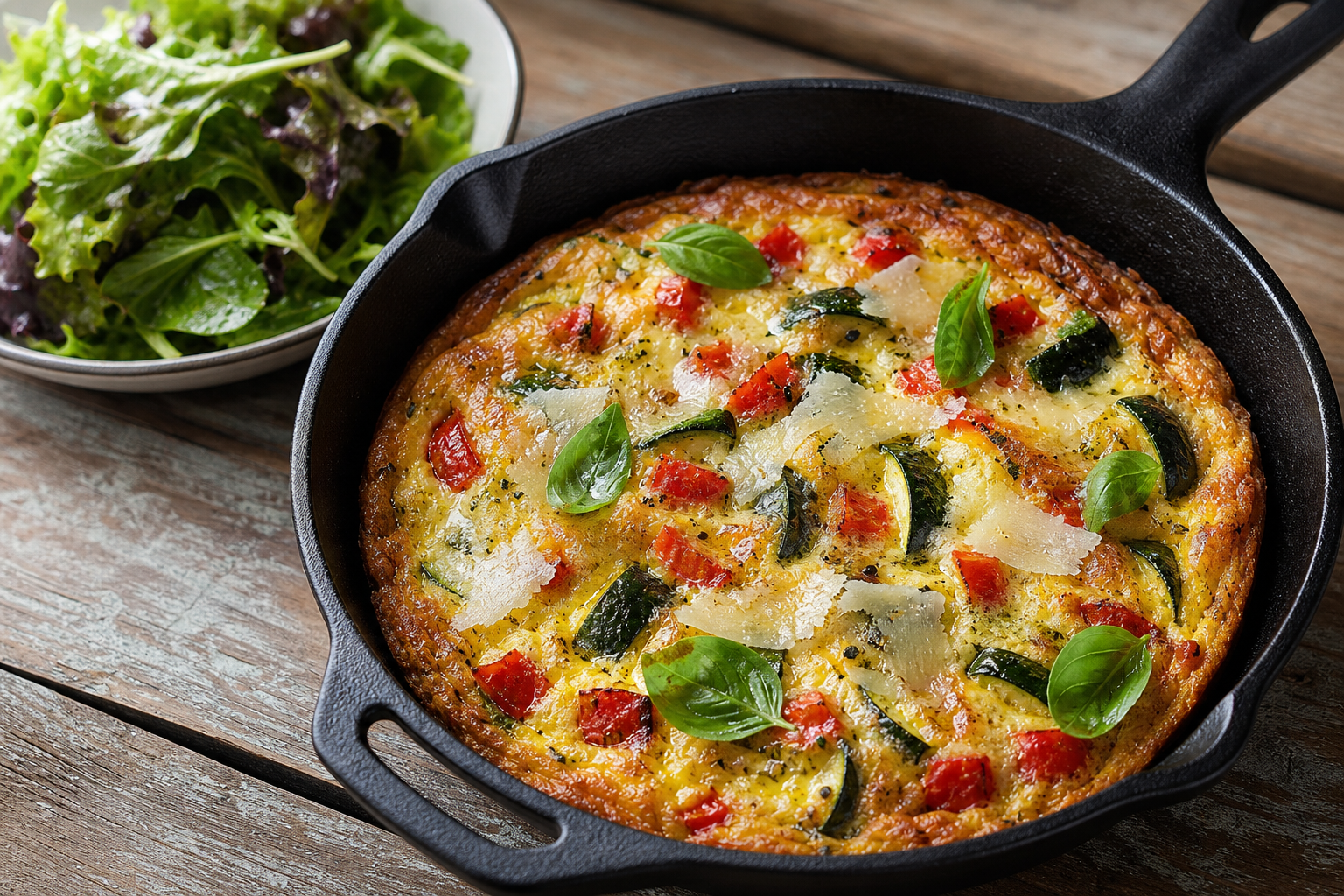 Frittata aux légumes moelleuse avec courgettes et poivrons, servie dans une poêle en fonte, accompagnée de salade verte