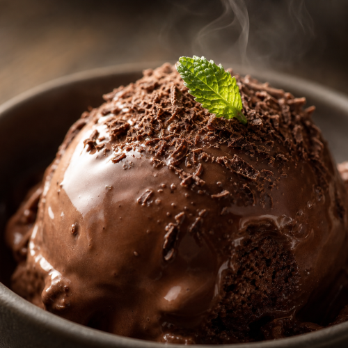 Boule de glace au chocolat keto dans un bol en céramique, avec copeaux de chocolat et feuille de menthe, texture crémeuse et