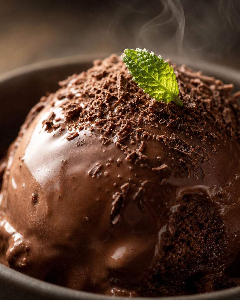 Boule de glace au chocolat keto dans un bol en céramique, avec copeaux de chocolat et feuille de menthe, texture crémeuse et