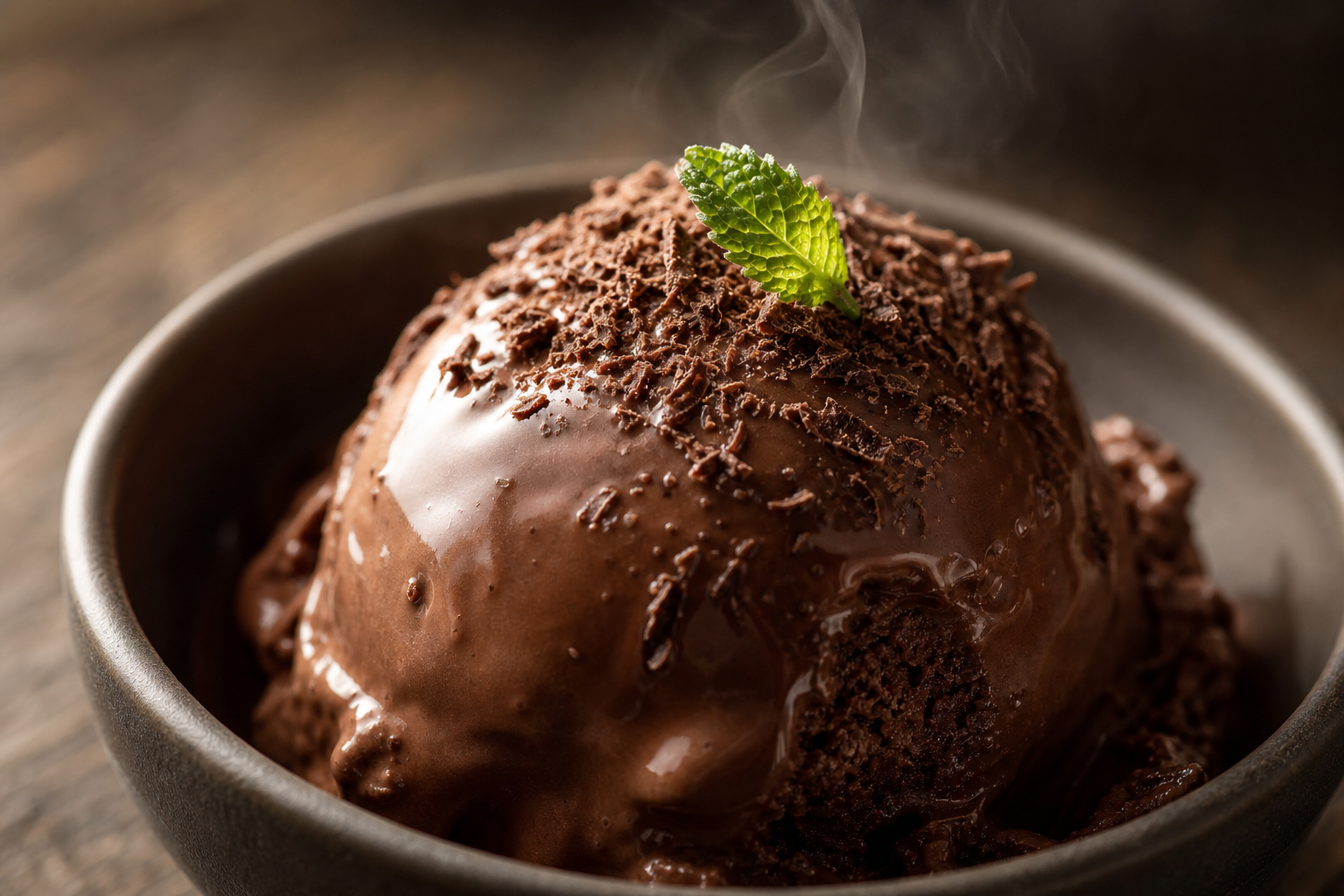 Boule de glace au chocolat keto dans un bol en céramique, avec copeaux de chocolat et feuille de menthe, texture crémeuse et