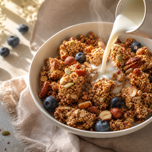 Bol de granola keto aux noix et graines, avec morceaux dorés, sur fond de cuisine claire. À côté, lait d'amande et myrtilles.