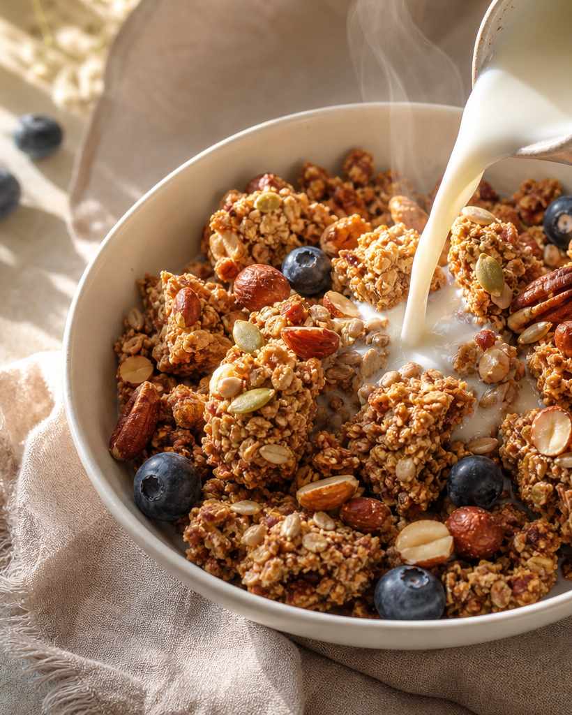 Bol de granola keto aux noix et graines, avec morceaux dorés, sur fond de cuisine claire. À côté, lait d'amande et myrtilles.