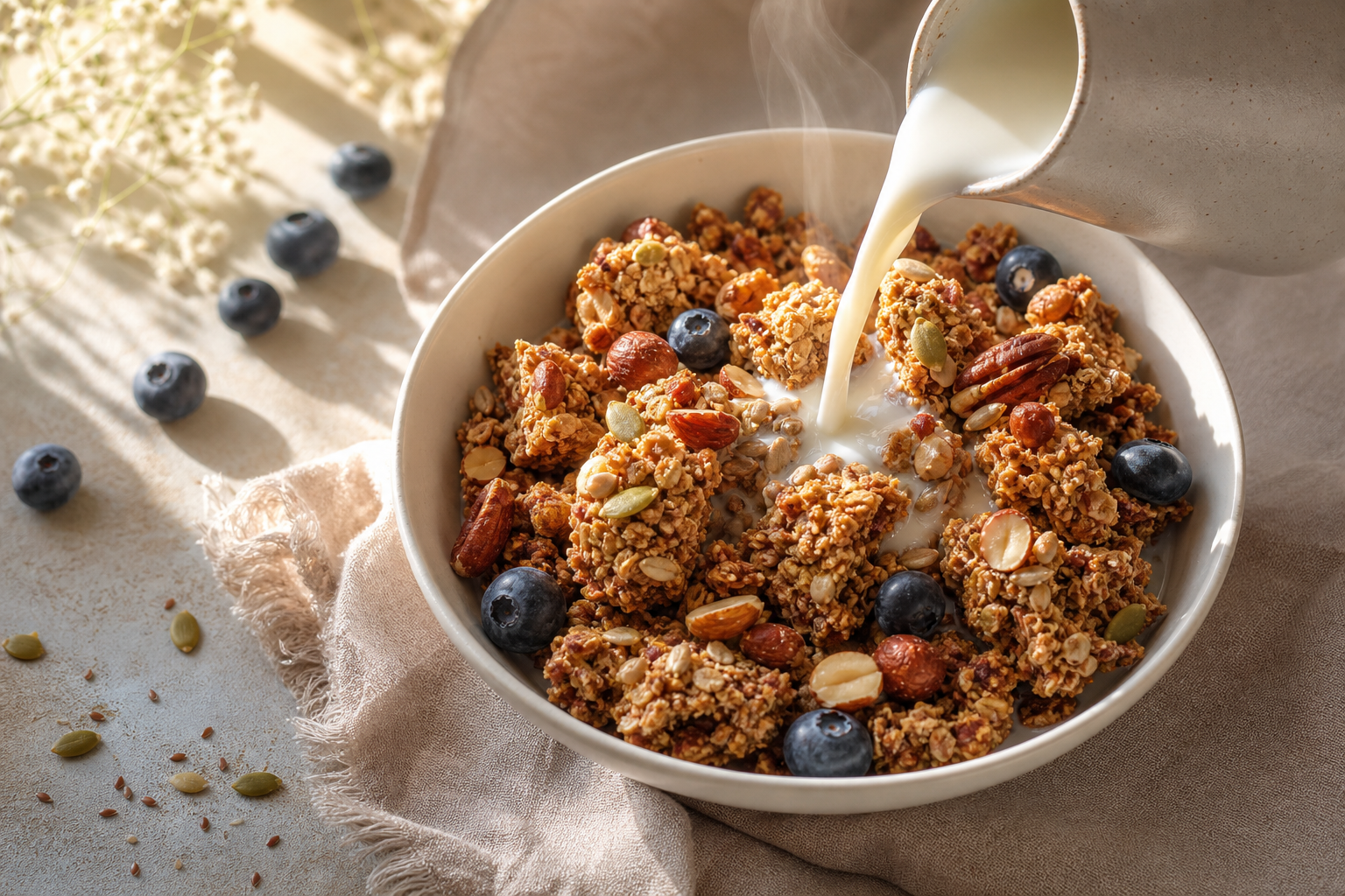 Bol de granola keto aux noix et graines, avec morceaux dorés, sur fond de cuisine claire. À côté, lait d'amande et myrtilles.