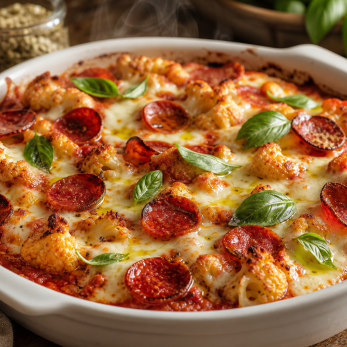 Gratin cétogène dans un plat blanc : chou-fleur rôti, sauce tomate, mozzarella gratinée et pepperonis dorés.