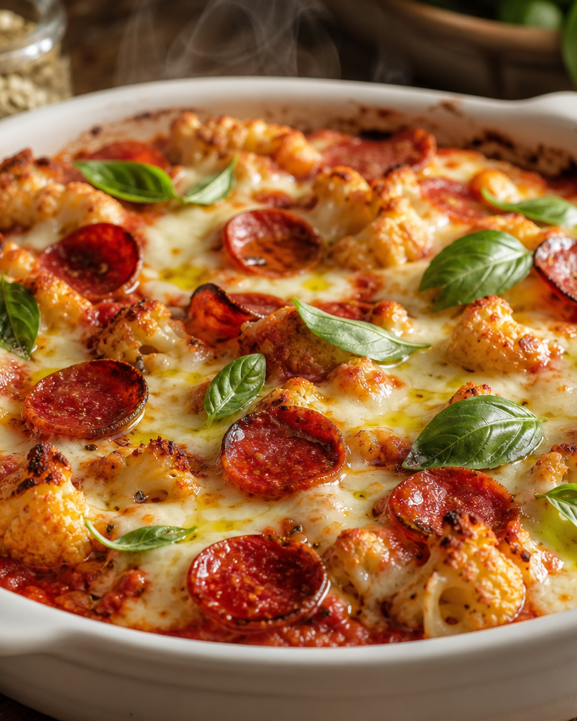 Gratin cétogène dans un plat blanc : chou-fleur rôti, sauce tomate, mozzarella gratinée et pepperonis dorés.