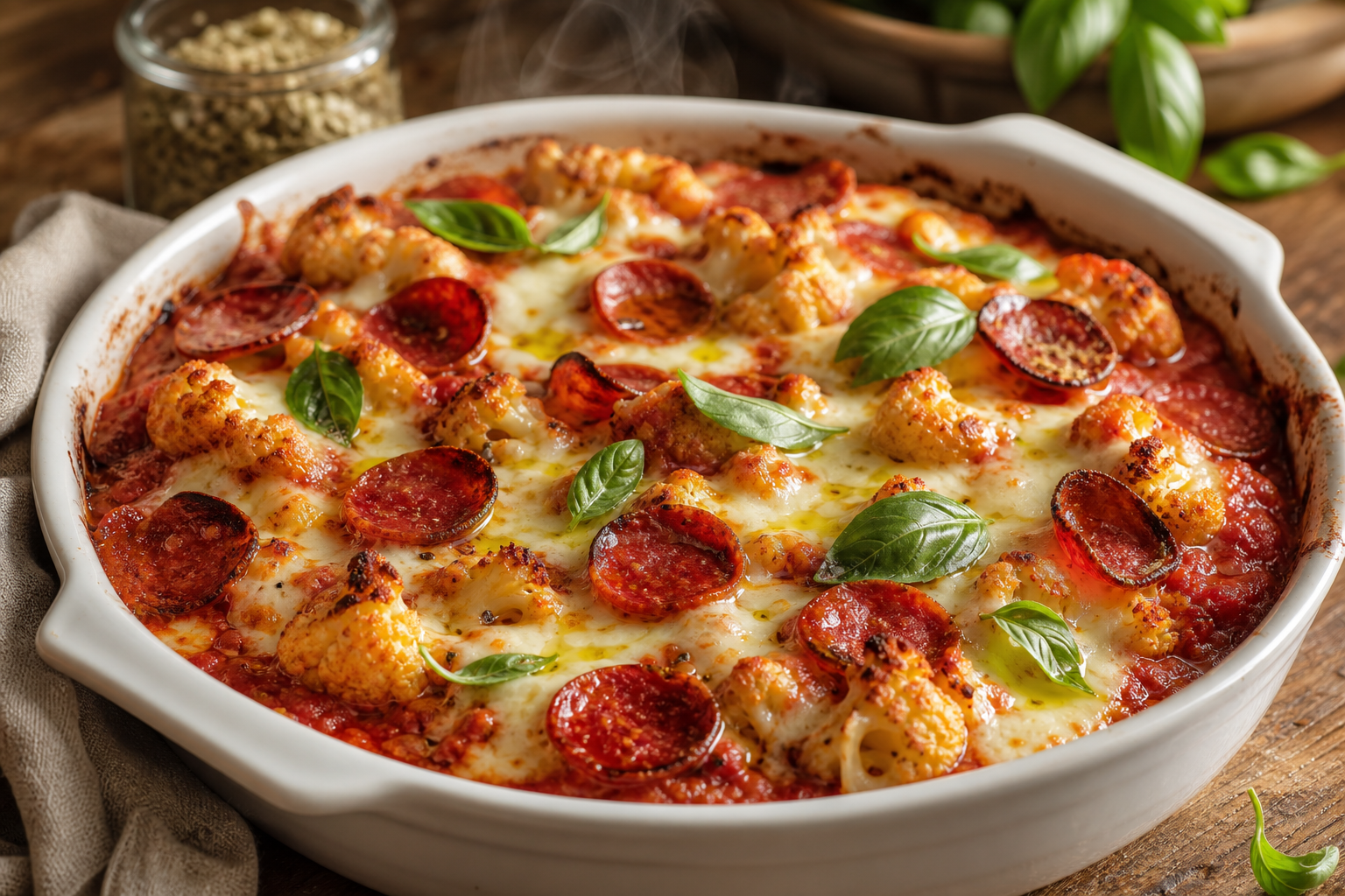 Gratin cétogène dans un plat blanc : chou-fleur rôti, sauce tomate, mozzarella gratinée et pepperonis dorés.
