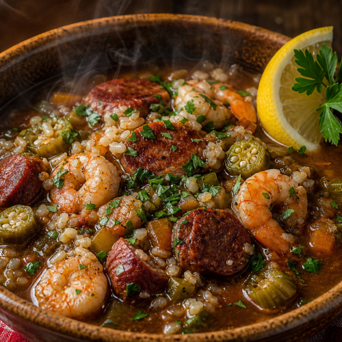 Bol de gumbo keto avec okra, andouille, crevettes et riz de chou-fleur, servi sur une table en bois.