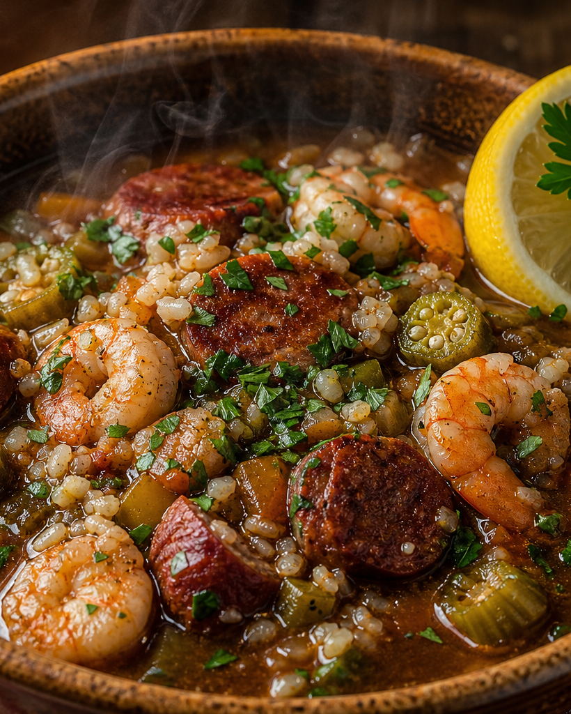 Bol de gumbo keto avec okra, andouille, crevettes et riz de chou-fleur, servi sur une table en bois.