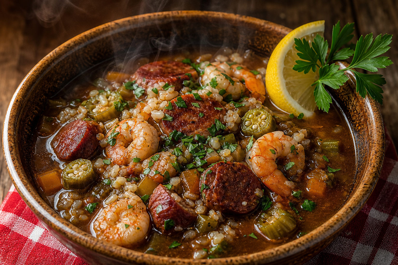 Bol de gumbo keto avec okra, andouille, crevettes et riz de chou-fleur, servi sur une table en bois.